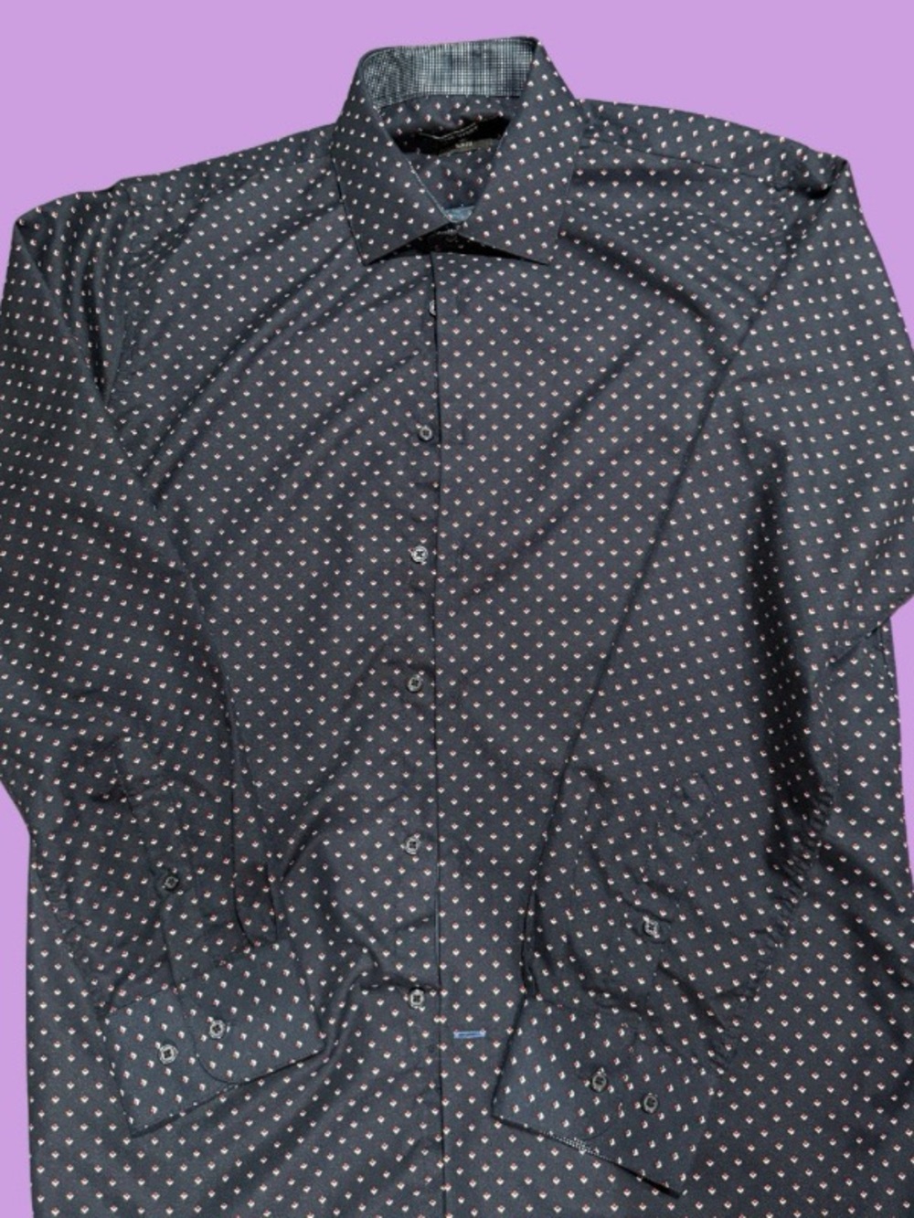 NWOT Nine West Medium  15-15 1/2 32-33 Navy Button-Down with White Micro Dots